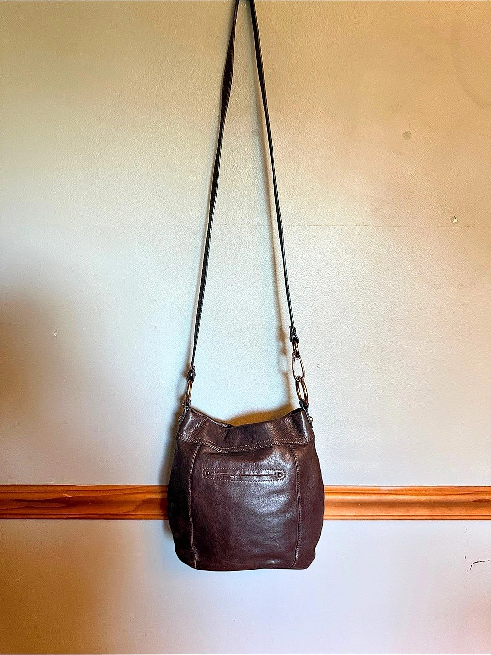 B. Makowsky Dark Brown Leather Convertible Crossbody Hobo Bag -
